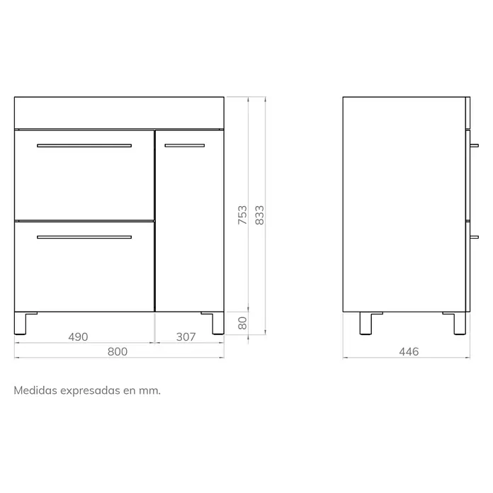 Artysan Mueble bajo de lavabo Tabarca - L x An x Al: 44,6 x 80 x 83,3 cm, Roble Guadarrama - Imagen del mueble de baño con cajones y medidas que muestran la altura y la anchura del mueble.