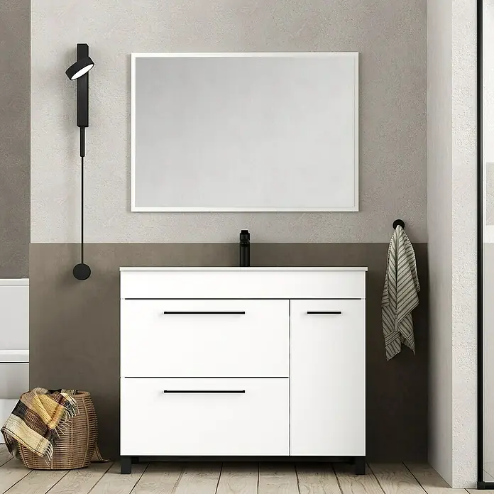 Artysan Mueble bajo de lavabo Tabarca - L x An x Al: 44,6 x 100 x 83,3 cm, Blanco - Conjunto de muebles de baño con mueble bajo lavabo con cajones y puerta, espejo grande y toallero para un diseño moderno.