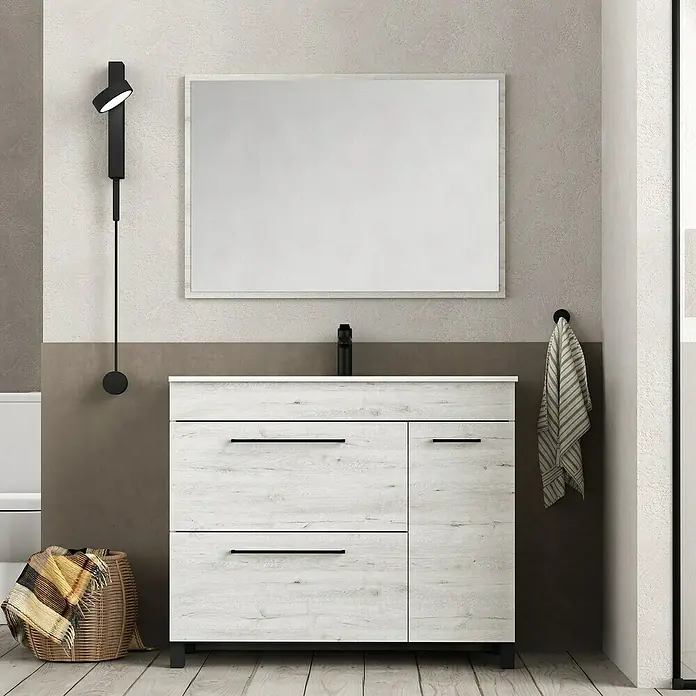 Artysan Mueble bajo de lavabo Tabarca - L x An x Al: 44,6 x 100 x 83,3 cm, Silver - Tocador de baño con vetas de madera blanca, tiradores negros y espejo a juego que aporta un toque moderno.