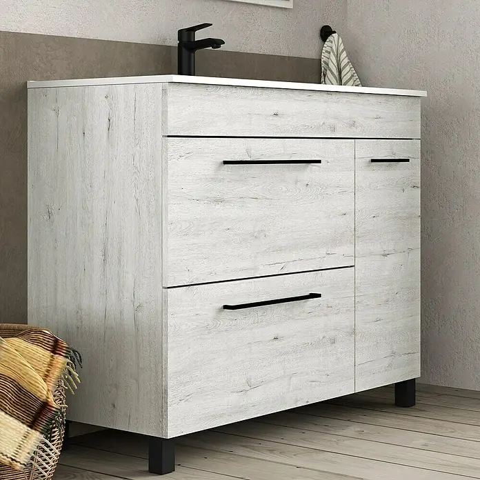 Artysan Mueble bajo de lavabo Tabarca - L x An x Al: 44,6 x 100 x 83,3 cm, Silver - Este mueble de baño con aspecto de madera ofrece almacenamiento con cajones y una puerta. Las manijas negras añaden un toque moderno.