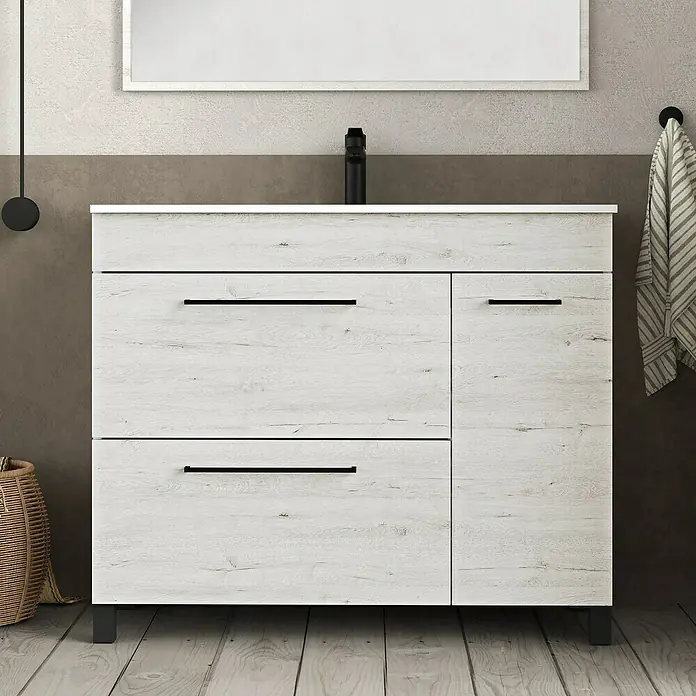 Artysan Mueble bajo de lavabo Tabarca - L x An x Al: 44,6 x 100 x 83,3 cm, Silver - Un tocador moderno con aspecto de madera con grifo negro y toallero para el baño. Cajones prácticos ofrecen espacio de almacenamiento.
