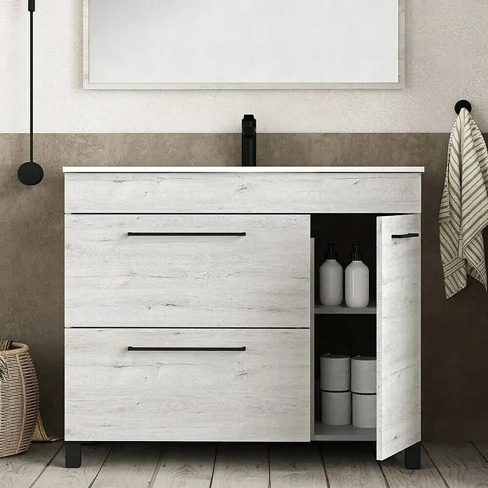 Artysan Mueble bajo de lavabo Tabarca - L x An x Al: 44,6 x 100 x 83,3 cm, Silver - Lavabo de baño moderno con dos cajones y un armario abierto para guardar accesorios de baño.