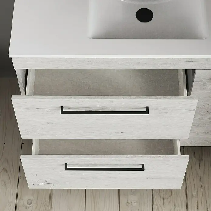 Artysan Mueble bajo de lavabo Tabarca - L x An x Al: 44,6 x 100 x 83,3 cm, Silver - Primer plano de un mueble de baño con dos cajones abiertos y tiradores negros, que muestra un diseño moderno y funcionalidad.