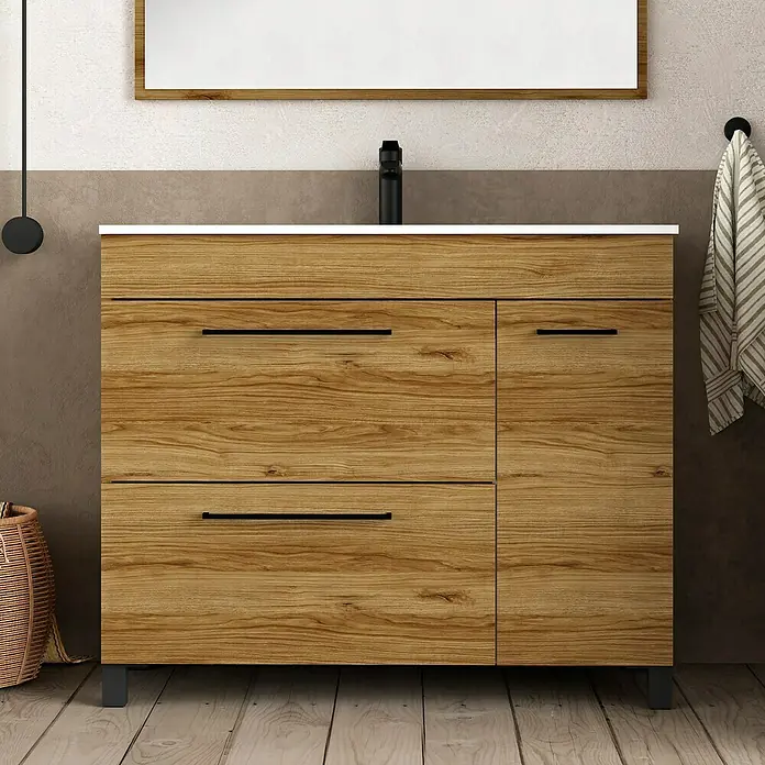 Artysan Mueble bajo de lavabo Tabarca - L x An x Al: 44,6 x 100 x 83,3 cm, Roble Guadarrama - Elegante mueble de baño de madera con cajones y armario, ideal para diseños de baño con estilo, mejorando funcionalidad y atractivo visual.