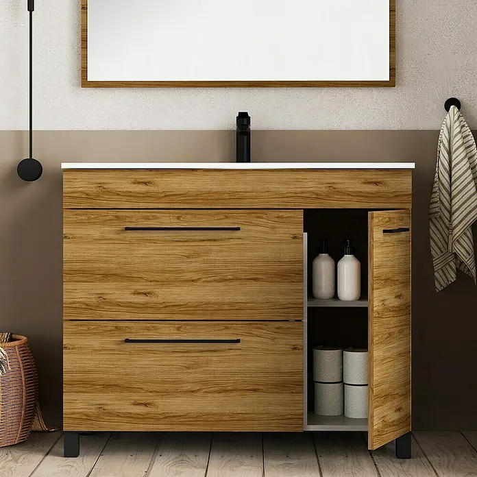 Artysan Mueble bajo de lavabo Tabarca - L x An x Al: 44,6 x 100 x 83,3 cm, Roble Guadarrama - Un moderno mueble de baño de madera con cajones y un compartimento abierto para un almacenamiento elegante en el baño.