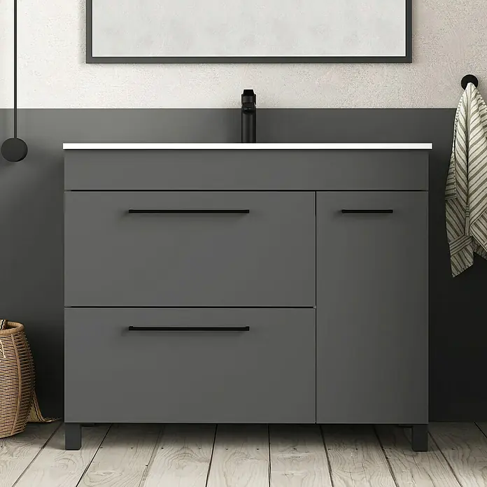Artysan Mueble bajo de lavabo Tabarca - L x An x Al: 44,6 x 100 x 83,3 cm, Antracita - Un tocador de baño gris con lavabo y cajones. El diseño es moderno y minimalista, ideal para un espacio de baño elegante.