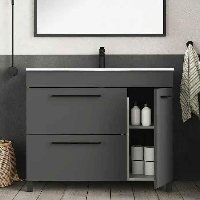 Artysan Mueble bajo de lavabo Tabarca - L x An x Al: 44,6 x 100 x 83,3 cm, Antracita - Mueble de baño gris con lavabo, cajones y armario abierto para un almacenamiento elegante.