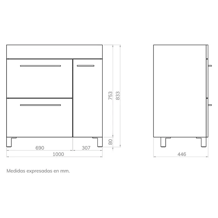 Artysan Mueble bajo de lavabo Tabarca - L x An x Al: 44,6 x 100 x 83,3 cm, Roble Guadarrama - Ilustración de un mueble de baño con cajones y puerta, con unas dimensiones de 1000 mm de ancho, 446 mm de profundidad y 833 mm de altura.
