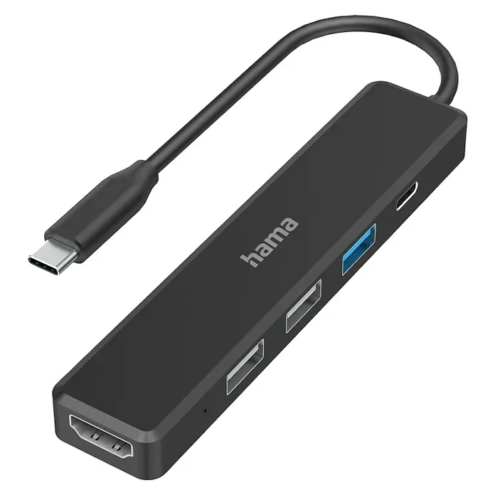 Hama USB-Hub Multiport - USB C-Stecker, Schwarz - Abbildung eines Hama USB-C Hub mit mehreren Anschlüssen, darunter HDMI, USB-A und USB-C, in elegantem Schwarz für vielseitige Konnektivität.