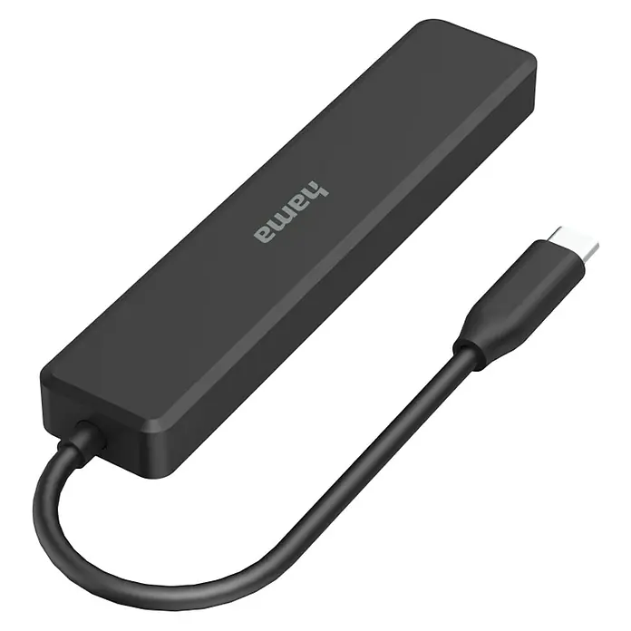 Hama USB-Hub Multiport - USB C-Stecker, Schwarz - Schwarzer Hama USB-C-Hub mit Kabel und Stecker auf schwarzem Hintergrund. Der Hub ermöglicht den Anschluss verschiedener Geräte an USB-C-fähige Geräte.