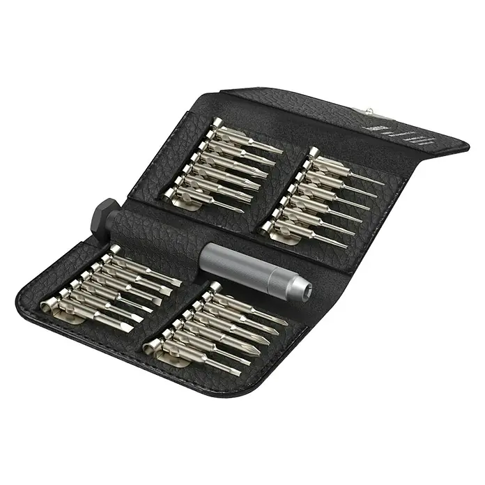 Hama Mini-Schraubendreher-Set 24in1 - 1 x Aluminium-Griff, 24 x Wechseleinsatz, 1 x Etui in Lederoptik - Kompaktes Schraubendreher-Set in Lederetui. Enthält eine Auswahl an Präzisionsbits und einen magnetischen Griff für feine Reparaturen.