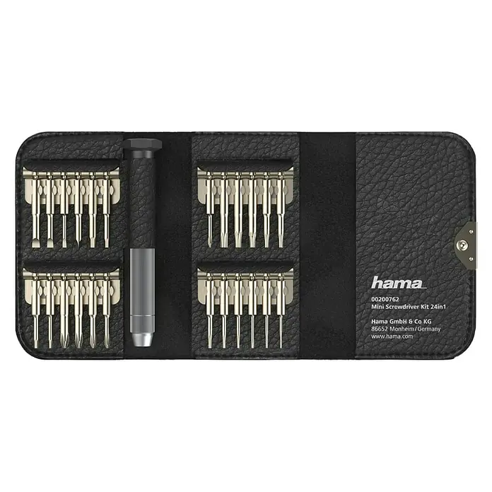 Hama Mini-Schraubendreher-Set 24in1 - 1 x Aluminium-Griff, 24 x Wechseleinsatz, 1 x Etui in Lederoptik - Das Bild zeigt ein Hama Mini-Schraubendreher-Set 24in1 in einer schwarzen Ledertasche, die verschiedene Schraubendreher-Bits und einen Griff enthält.