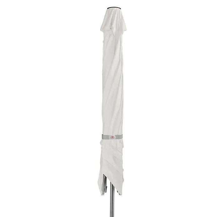 Doppler Alu Expert Marktschirm - Weiß, Bespannungsmaß (L x B): 300 x 300 cm - Ein geschlossener, weißer Sonnenschirm mit einem Band in der Mitte, perfekt für den Sonnenschutz im Freien.