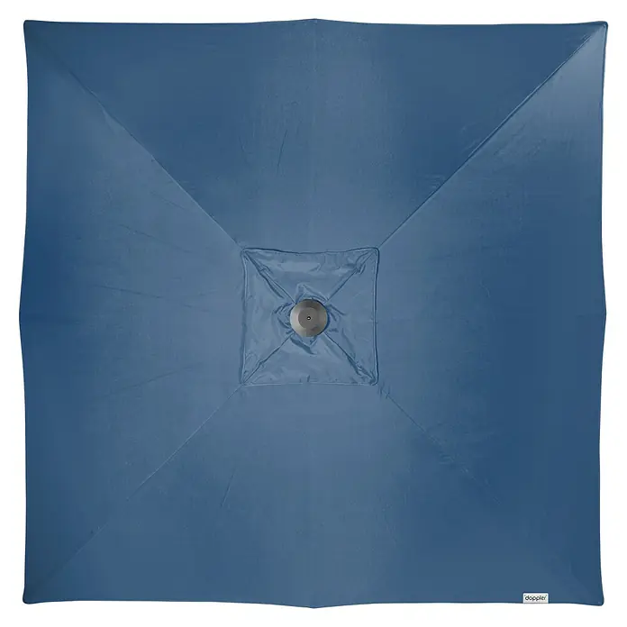 Doppler Alu Expert Marktschirm - Blau, Bespannungsmaß (L x B): 300 x 300 cm - Nahaufnahme eines quadratischen Sonnenschirms in Blau, der Schatten spendet und vor Sonne schützt, ideal für Garten und Terrasse.