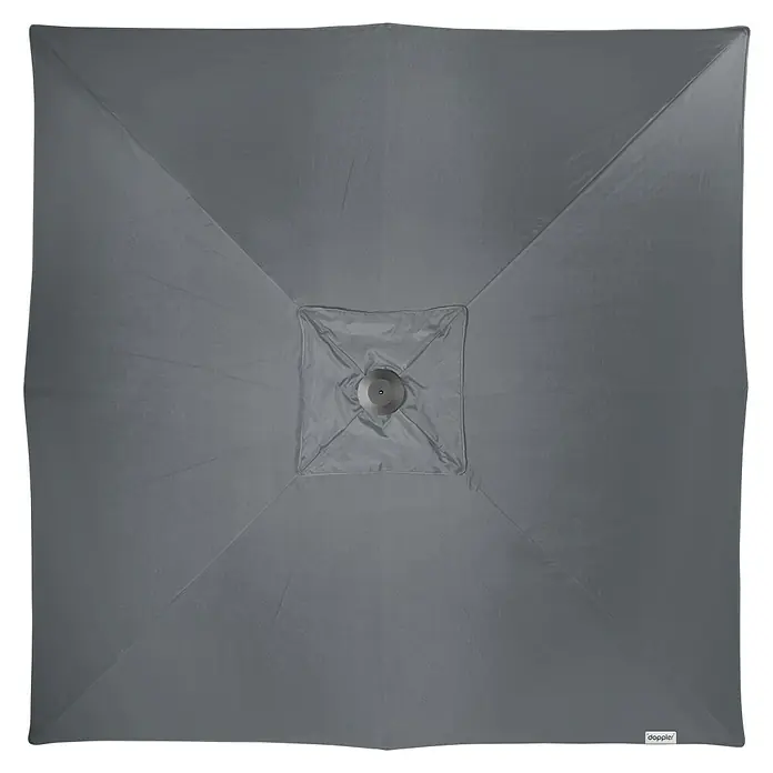 Doppler Alu Expert Marktschirm - Anthrazit, Bespannungsmaß (L x B): 300 x 300 cm - Ansicht von oben eines grauen Doppler-Sonnenschirms mit quadratischer Form, ideal für sonnige Tage im Garten oder auf der Terrasse.
