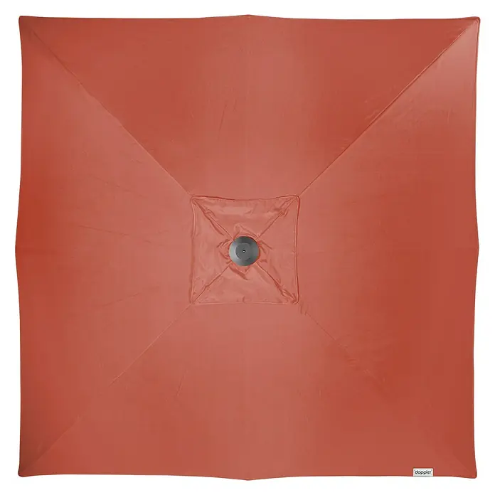 Doppler Alu Expert Marktschirm - Terra, Bespannungsmaß (L x B): 300 x 300 cm - Draufsicht eines quadratischen, orangefarbenen Sonnenschirms von Doppler, ideal für den Garten oder die Terrasse, bietet Schatten und Schutz vor der Sonne.