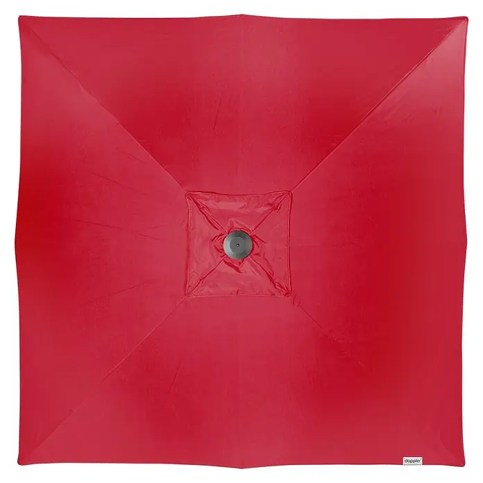 Doppler Alu Expert Marktschirm - Rot, Bespannungsmaß (L x B): 300 x 300 cm - Nahaufnahme eines roten Doppler-Sonnenschirms, der ein quadratisches Design und einen zentralen Drehpunkt zeigt. Ideal für stilvollen Sonnenschutz.