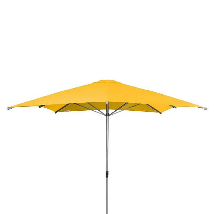 Doppler Alu Expert Marktschirm - Gelb, Bespannungsmaß (L x B): 300 x 300 cm - Gelber quadratischer Sonnenschirm mit silbernem Gestell und dunklem Hintergrund.