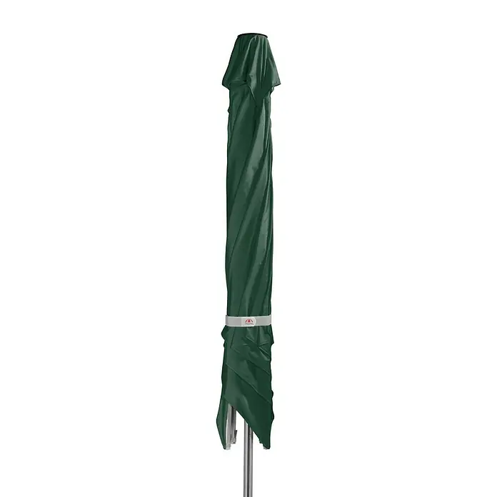 Doppler Alu Expert Marktschirm - Grün, Bespannungsmaß (L x B): 300 x 300 cm - Ein geschlossener, dunkelgrüner Sonnenschirm mit einer Halterung in der Mitte, die den Schirm zusammenhält. Ideal für den Garten.