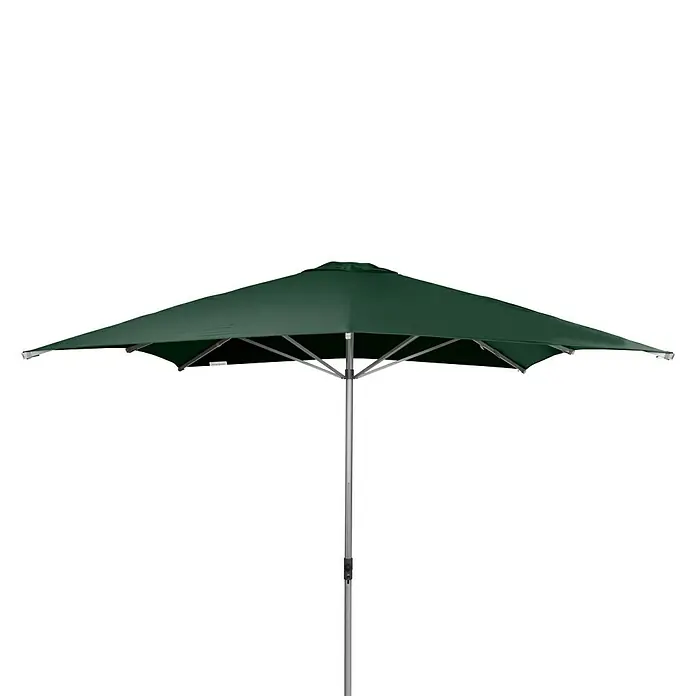 Doppler Alu Expert Marktschirm - Grün, Bespannungsmaß (L x B): 300 x 300 cm - Ein grüner Gartenschirm mit Metallrahmen und einem Mast, der sich für sonnige Tage im Freien eignet.