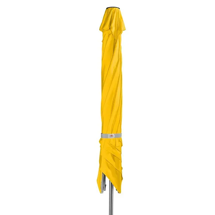 Doppler Alu Expert Marktschirm - Gelb, Bespannungsmaß (L x B): 300 x 300 cm - Ein gelber, zusammengeklappter Sonnenschirm mit silbernen Akzenten, perfekt für den Sonnenschutz im Freien.