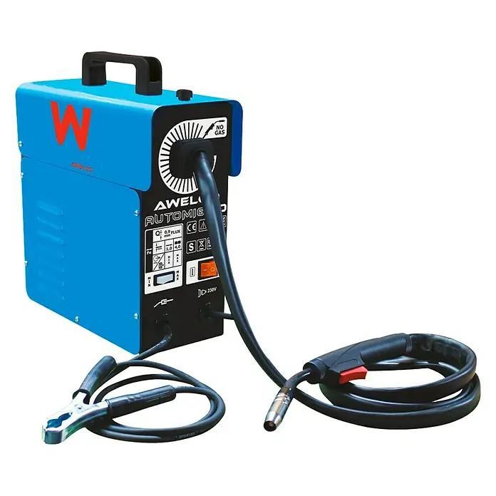 Equipo de soldadura AUTOMIG 130 - 3.000 W, 230 V - Máquina de soldar AWELCO Automig azul con soplete y cable de tierra para trabajos de soldadura.
