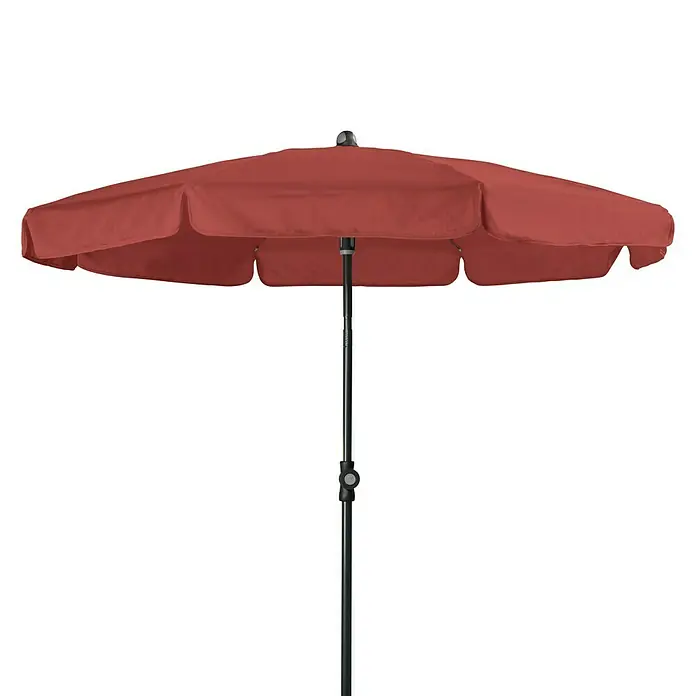Doppler Sunline Balkonschirm rund Neo - Farbe Bespannung: Terracotta, Durchmesser Bespannung: 150 cm - Nahaufnahme eines roten Sonnenschirms mit schwarzem Ständer vor schwarzem Hintergrund.