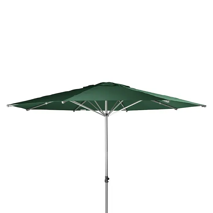 Doppler Alu Expert Marktschirm rund - Grün, Durchmesser Bespannung: 400 cm - Schirm in Grün. Das Produkt ist ein Outdoor-Sonnenschirm in dunklem Grün mit einem silbernen Gestell, ideal für sonnige Tage im Garten.