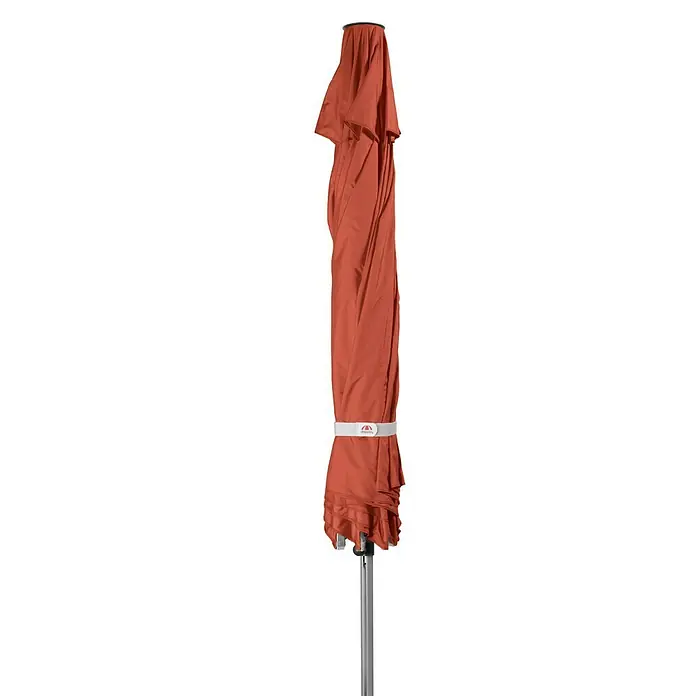 Doppler Alu Expert Marktschirm rund - Terra, Durchmesser Bespannung: 400 cm - Geschlossener, oranger Sonnenschirm mit silberner Stange und weißem Riemen zur Fixierung. Ideal für den Sonnenschutz im Freien.