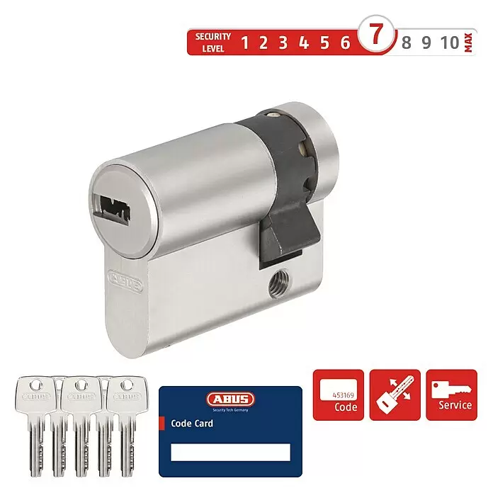 Abus Profilzylinder D6XNP Gleichschließend - Baulänge innen: 10 mm, Baulänge außen: 30 mm, Anzahl Schlüssel: 5 Stk. - Silberner ABUS Schließzylinder mit drei Schlüsseln, Codekarte und Sicherheitsstufe 7.
