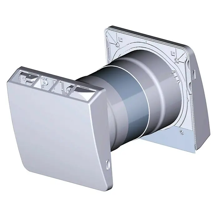 Marley Wärmetauscher Air 4.0 - Max. Leistung: 50 W - Das Bild zeigt ein Auslassventil in einer dreidimensionalen Darstellung mit quadratischen Elementen. Das Produkt ist in neutralem Weiß gehalten.