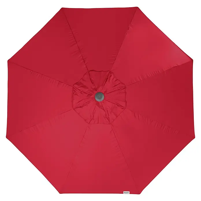 Doppler Alu Expert Marktschirm rund - Rot, Durchmesser Bespannung: 400 cm - Nahaufnahme eines roten Sonnenschirms mit achteckigem Design und einem grauen Knopf in der Mitte, ideal für den Außenbereich.