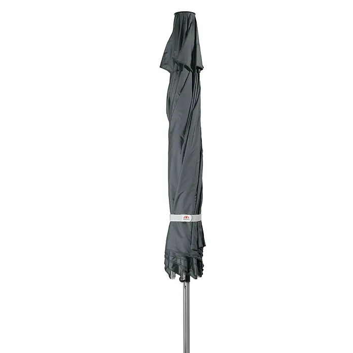 Doppler Alu Expert Marktschirm rund - Anthrazit, Durchmesser Bespannung: 400 cm - Geschlossener grauer Sonnenschirm, zusammengebunden mit einem weißen Band. Perfekt für den Gebrauch im Freien und zum Schutz vor der Sonne.