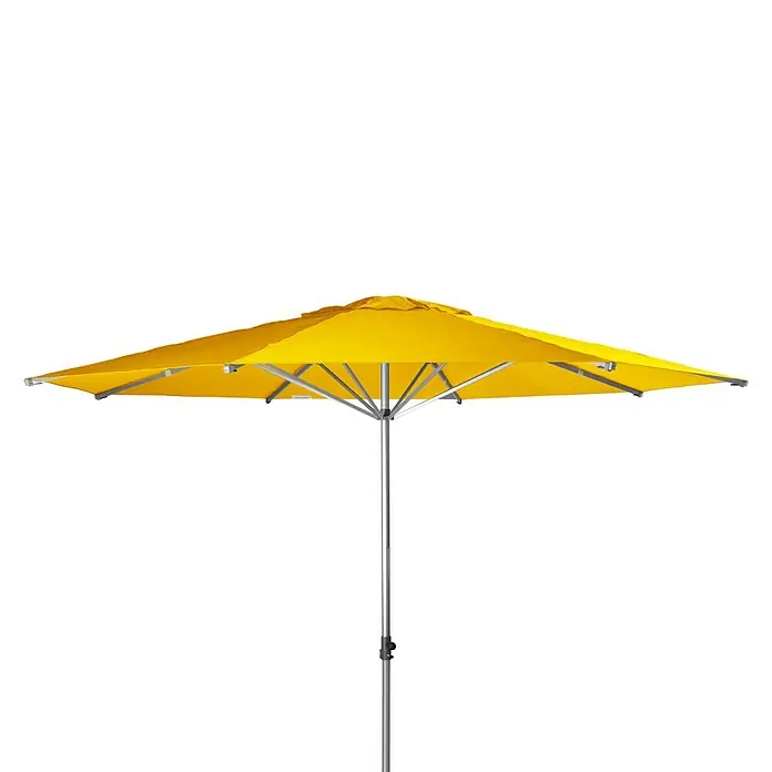 Doppler Alu Expert Marktschirm rund - Gelb, Durchmesser Bespannung: 400 cm - Gelber Sonnenschirm mit quadratischem Schirmdach und silberfarbenem Gestell. Der Schirm spendet Schatten und schützt vor Sonne.