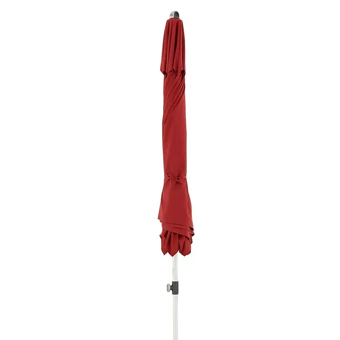 Doppler Expert Marktschirm rund Auto Tilt - Bordeaux, Durchmesser Bespannung: 320 cm - Geschlossener, roter Sonnenschirm mit weißem Mast und einem Band um den Stoff. Ideal für den Sonnenschutz im Freien.
