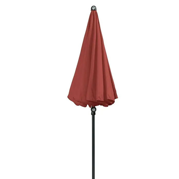 Doppler Sunline Balkonschirm rund Neo - Farbe Bespannung: Terracotta, Durchmesser Bespannung: 150 cm - Geschlossener, rotbrauner Sonnenschirm auf einem schwarzen Ständer. Der Schirm ist ordentlich zusammengefaltet und bereit für die Lagerung.