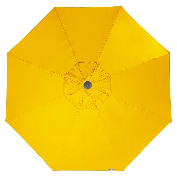 Doppler Alu Expert Marktschirm rund - Gelb, Durchmesser Bespannung: 400 cm - Nahaufnahme eines gelben Sonnenschirms, der einen leuchtenden Farbtupfer und Schutz vor der Sonne bietet. Ideal für den Garten.