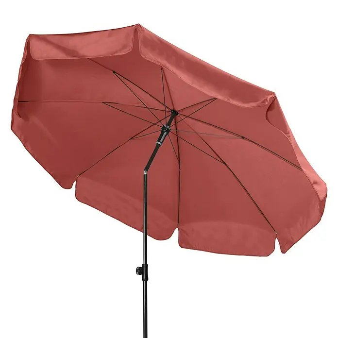 Doppler Sunline Marktschirm rund NeoTerracotta, Durchmesser Bespannung: 200 cm - Nahaufnahme eines rostfarbenen Gartenschirms mit einem robusten, schwarzen Mast, der sich ideal für Schatten und Komfort im Freien eignet.