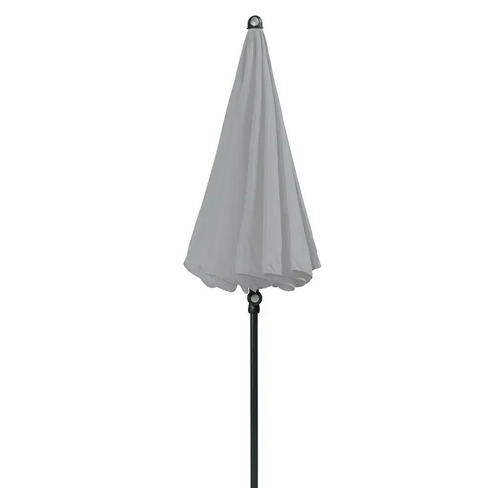 Doppler Sunline Balkonschirm rund Neo - Farbe Bespannung: Hellgrau, Durchmesser Bespannung: 150 cm - Detailaufnahme eines geschlossenen, grauen Sonnenschirms mit Ständer, ideal für schattige Stunden im Garten.