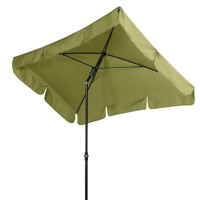 Doppler Sunline Marktschirm Waterproof Neo - Pistazie, Bespannungsmaß (L x B): 225 x 120 cm - Ein quadratischer, olivgrüner Sonnenschirm mit schwarzem Gestell spendet Schatten im Freien.