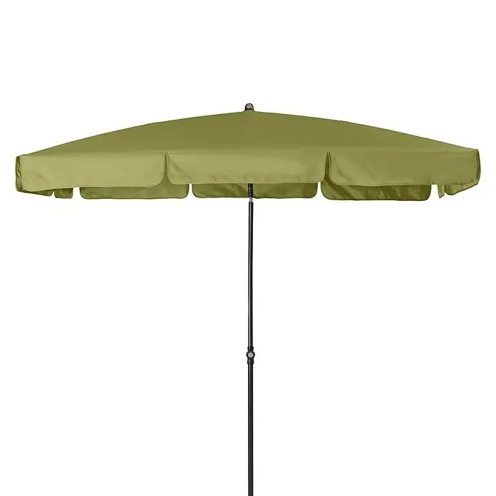 Doppler Sunline Marktschirm Waterproof Neo - Pistazie, Bespannungsmaß (L x B): 225 x 120 cm - Schirm: Nahaufnahme eines grünen Sonnenschirms mit schwarzem Ständer, der Schatten und Schutz im Freien bietet.