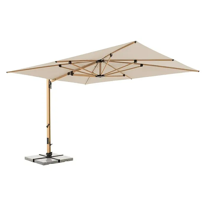 Doppler Alu Wood Ampelschirm Ultra XL - Natur, Bespannungsmaß (L x B): 300 x 400 cm - Bild eines rechteckigen Sonnenschirms mit Holzrahmen und beigem Schirmtuch, der auf einem grauen Sockel steht.