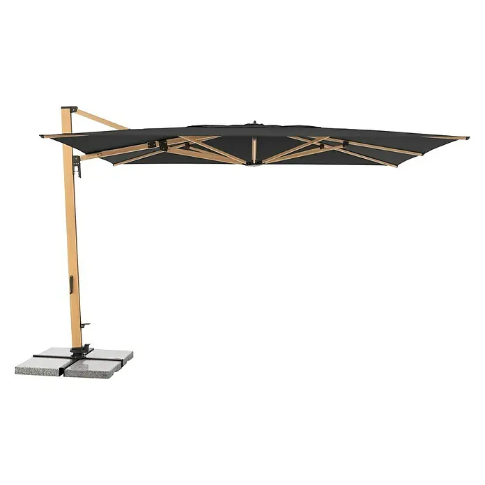 Doppler Alu Wood Ampelschirm Ultra XL - Anthrazit, Bespannungsmaß (L x B): 300 x 400 cm - Bild einer geöffneten quadratischen Ampelschirm mit hellbraunem Holzrahmen und einem grauen Stoffdach.
