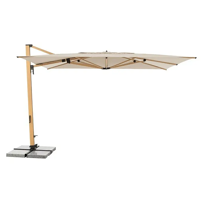 Doppler Alu Wood Ampelschirm Ultra XL - Natur, Bespannungsmaß (L x B): 300 x 400 cm - Eleganter, freistehender Sonnenschirm mit hellem Schirm und robustem, hellem Holzgestell auf quadratischem Steinfuß.