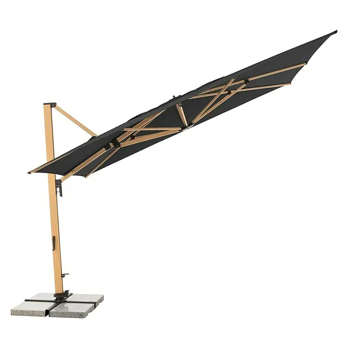 Doppler Alu Wood Ampelschirm Ultra XL - Anthrazit, Bespannungsmaß (L x B): 300 x 400 cm - Bild einer grauen Ampelschirm mit Holzrahmen und einem stabilen Sockel. Der Sonnenschirm bietet Schatten und Schutz vor der Sonne.