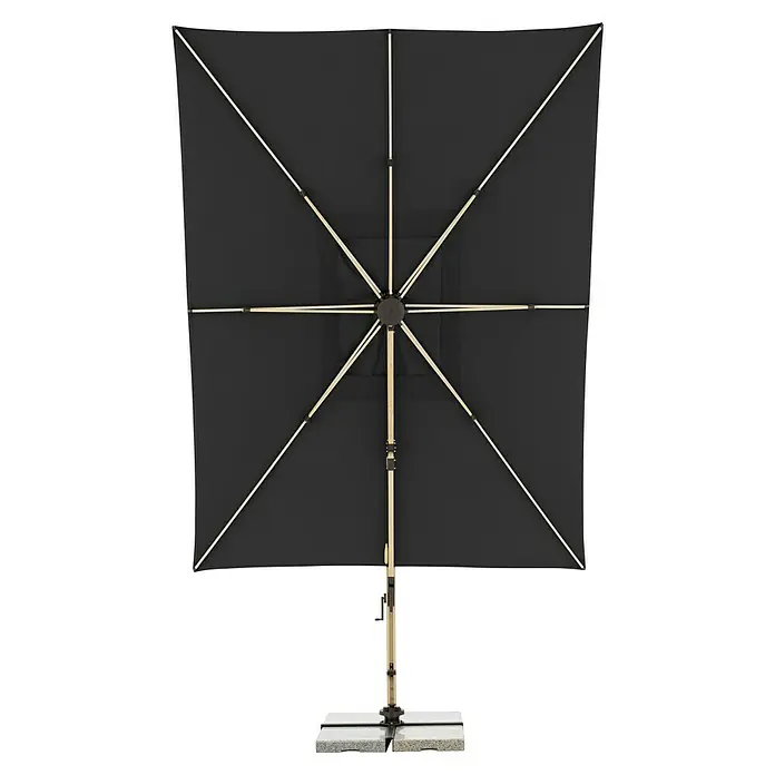 Doppler Alu Wood Ampelschirm Ultra XL - Anthrazit, Bespannungsmaß (L x B): 300 x 400 cm - Detailaufnahme eines quadratischen Sonnenschirms in Schwarz mit hölzernem Gestell und solidem Standfuß.