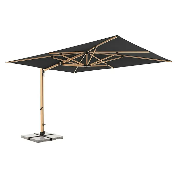 Doppler Alu Wood Ampelschirm Ultra XL - Anthrazit, Bespannungsmaß (L x B): 300 x 400 cm - Abbildung eines rechteckigen Sonnenschirms mit Holzrahmen und grauem Stoff, ideal für den Garten. Der Sonnenschirm steht auf einem stabilen Steinsockel.