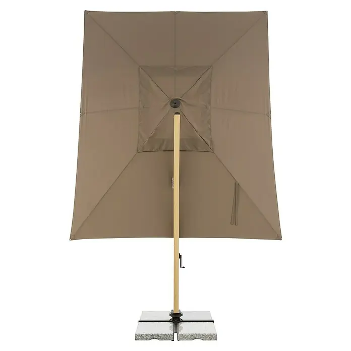 Doppler Alu Wood Ampelschirm Ultra XL - Greige, Bespannungsmaß (L x B): 300 x 400 cm - Der rechteckige Sonnenschirm in Taupe mit Holzständer bietet stilvollen Schatten im Freien.