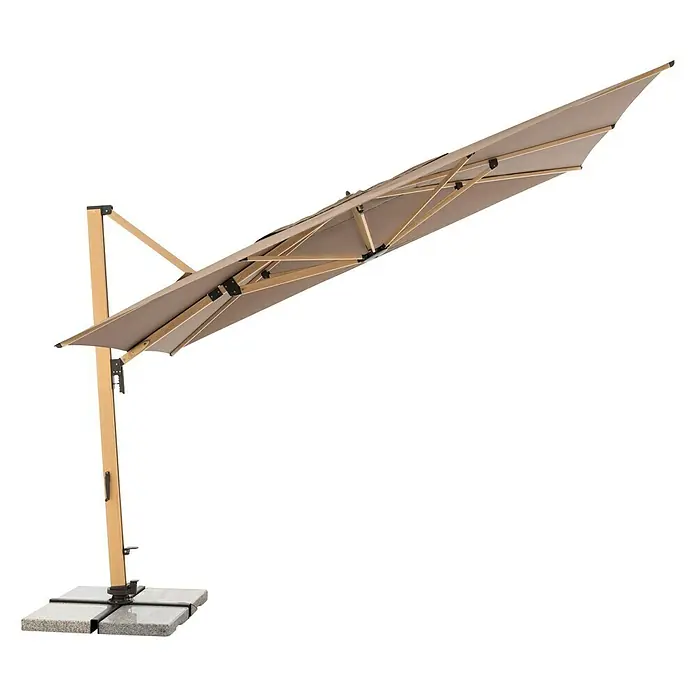 Doppler Alu Wood Ampelschirm Ultra XL - Greige, Bespannungsmaß (L x B): 300 x 400 cm - Ein eleganter, quadratischer Sonnenschirm mit einem robusten Holzrahmen und einem stabilen Betonsockel für den Außenbereich.