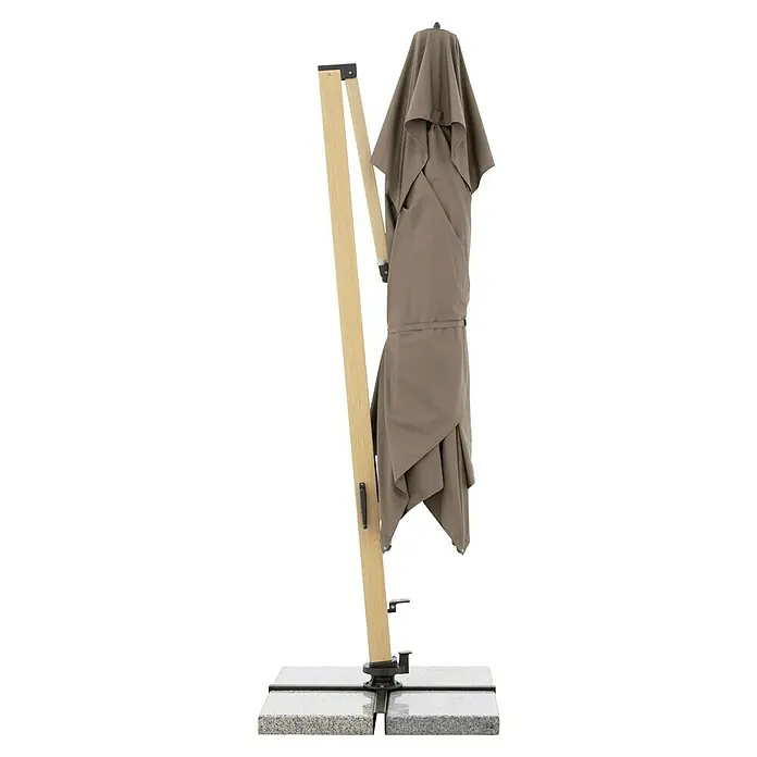 Doppler Alu Wood Ampelschirm Ultra XL - Greige, Bespannungsmaß (L x B): 300 x 400 cm - Geschlossener Gartenschirm in Taupe mit hellem Holzständer. Optimaler Sonnenschutz für den Außenbereich, stilvoll und funktional.